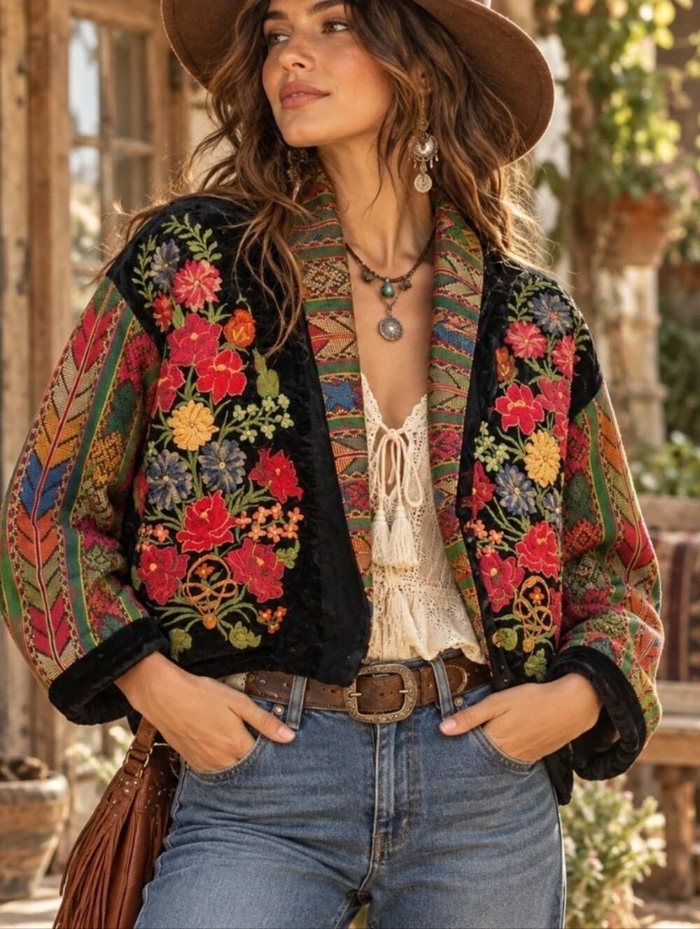 Vintage Guatemala Black All Over Embroidered Boho Floral Velvet Jacket
